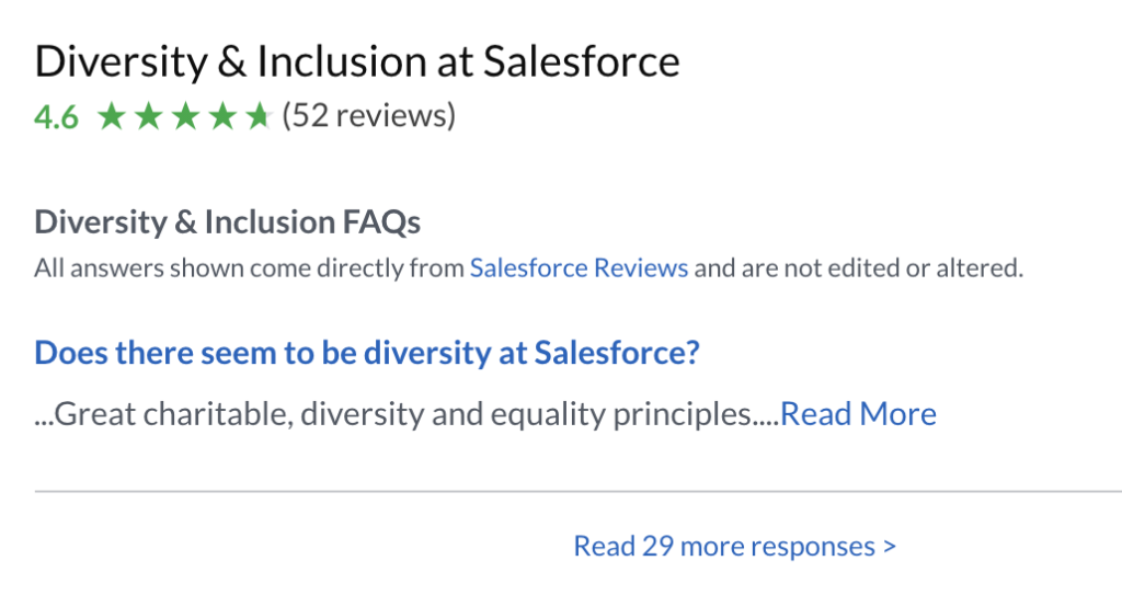 screenshot of Greenhouse's interface: Diversity and Inclusion at Salesforce 4.6 out of 5 (52 reviews)