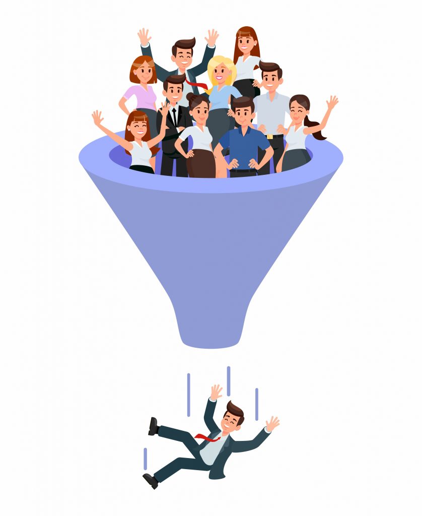 funnel with 10 cheery white or light skinned people at the top, white man wearing a suit cheerfully falling down the bottom